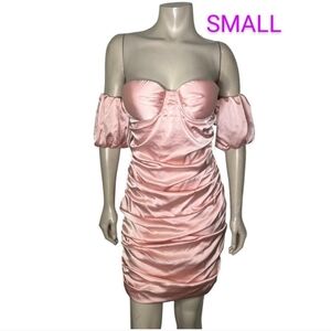 🆕Elegant Pink Satiny Silky Bustier Ruched Off-Shoulder Strapless Dress~Size S